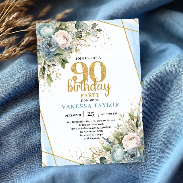 Blå Blommor Guld Glitter 90-års Födelsedagsinbjuda Inbjudningar (Blue Flowers Gold Glitter 90th Birthday Invitation)