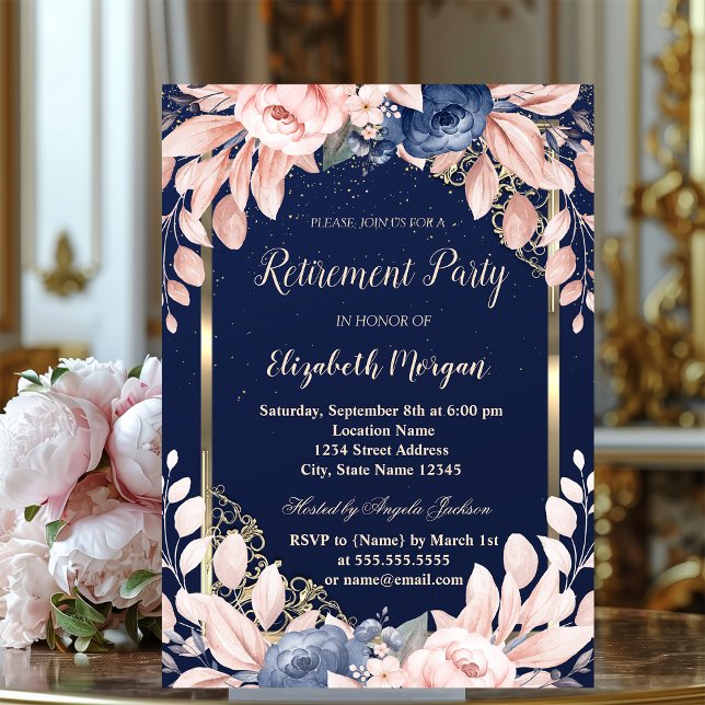 Blå blommor Guld ram Navyblå pensionering  Inbjudningar (Skapare uppladdad)