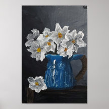 Blå blommor i en blå pitcher poster