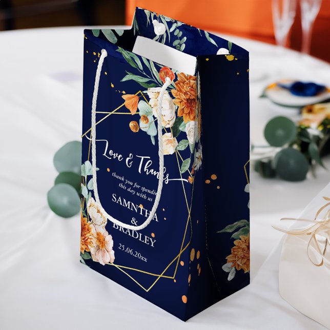 Blå blommor i orangen Tack (Orange blue sage flowers navy blue thank you small gift bag wedding favor bag wedding welcome bag)