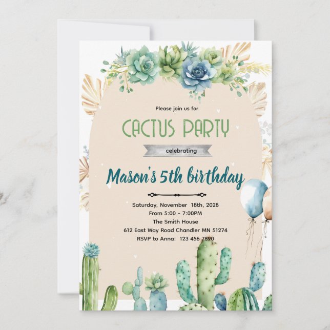 Blå blommor kaktus öken inbjudan (Framsida)