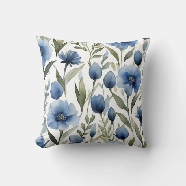 Blå Blommor Konst Blommig Design Kudde (Framsida)