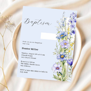 Blå blommor kors pojke Dop inbjudan