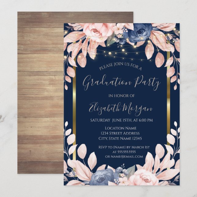 Blå blommor,Ljus, Trä, Ram Examensfest Inbjudningar (Fram/baksida)