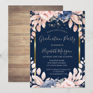 Blå blommor,Ljus, Trä, Ram Examensfest Inbjudningar