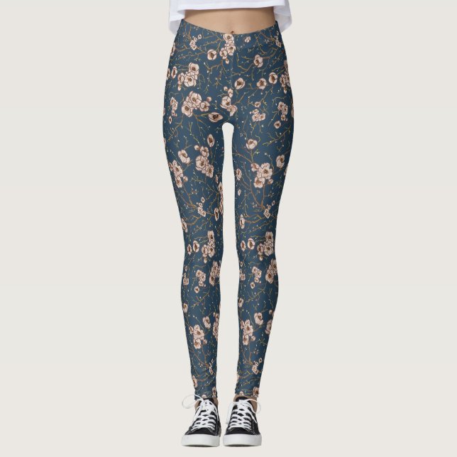 Blå blommor ljusblå mönster leggings (Framsida)
