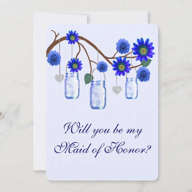 Blå Blommor Mason Glas Brudtärna Kort (Framsida)
