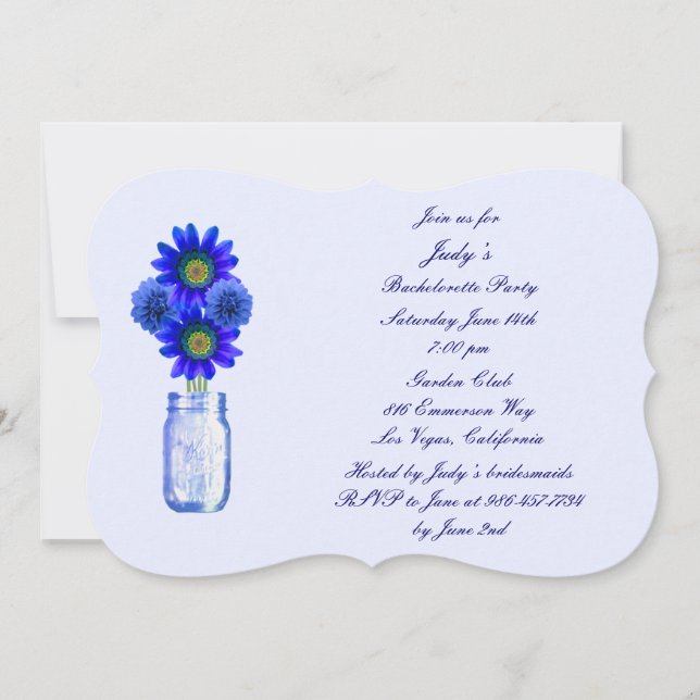 Blå blommor Mason kruka Sjungfyllda fest inbjudan (Framsida)