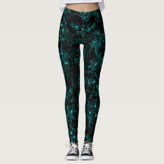 Blå blommor mönster 01.b.Lblue Black BG Leggings