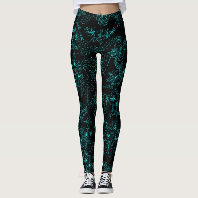 Blå blommor mönster 01.b.Lblue Black BG Leggings (Framsida)