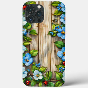 Blå Blommor & Nyckelpigor Design Rustik Trä Natur