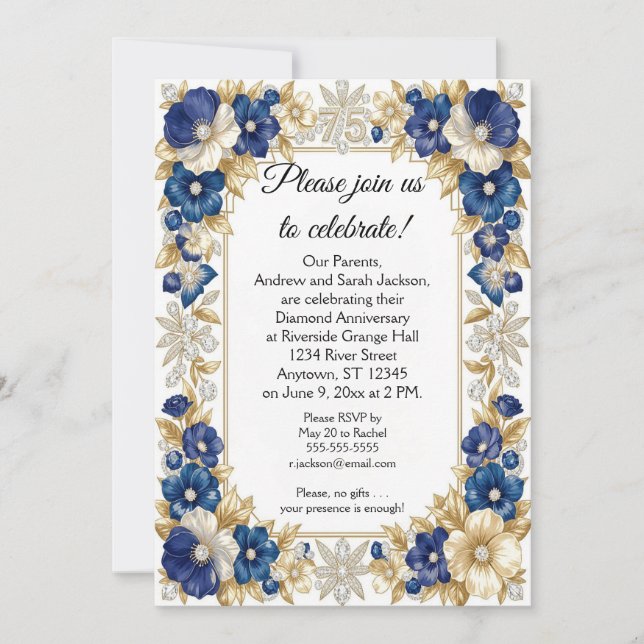 Blå blommor och diamanter 75-årsjubileum inbjudningar (Framsida)