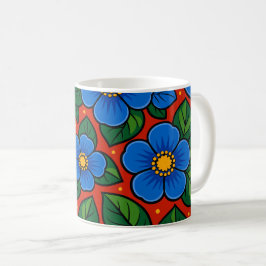 Blå blommor och gröna blad på en röd bakgrund kaffemugg