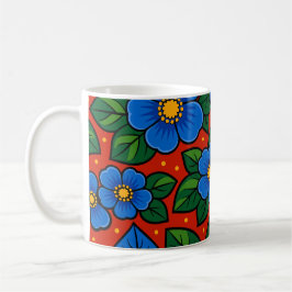 Blå blommor och gröna blad på en röd bakgrund kaffemugg