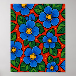 Blå blommor och gröna blad på en röd bakgrund poster