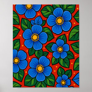 Blå blommor och gröna blad på en röd bakgrund poster