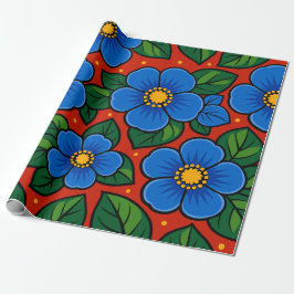 Blå blommor och gröna blad på en röd bakgrund presentpapper