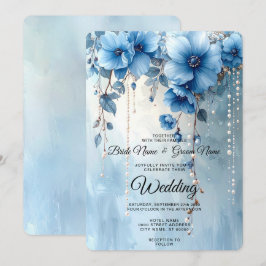 Blå blommor och pärlor bröllopsinbjudan inbjudningar