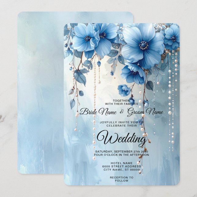 Blå blommor och pärlor bröllopsinbjudan inbjudningar (Fram/baksida)