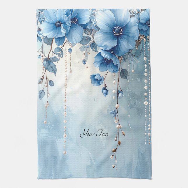 Blå blommor och pärlor köksduk kökshandduk (Vertikal)