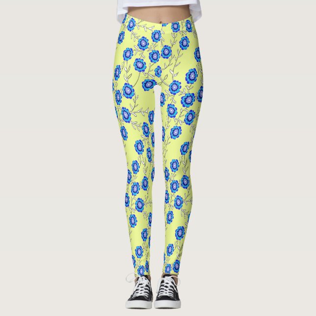 Blå blommor på gula Leggings (Framsida)