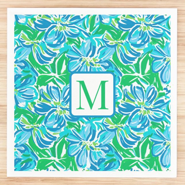 Blå blommor Preppy Monogram Pappersservett (Skapare uppladdad)