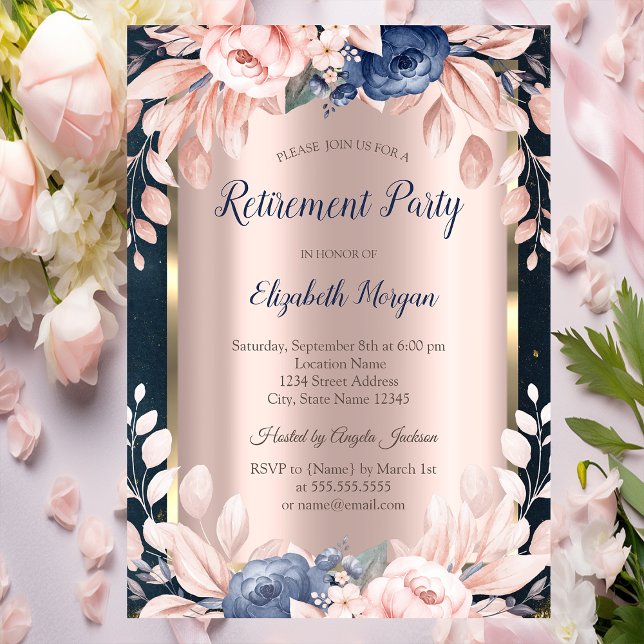 Blå blommor, ram mörkblå pensionering inbjudningar (Skapare uppladdad)