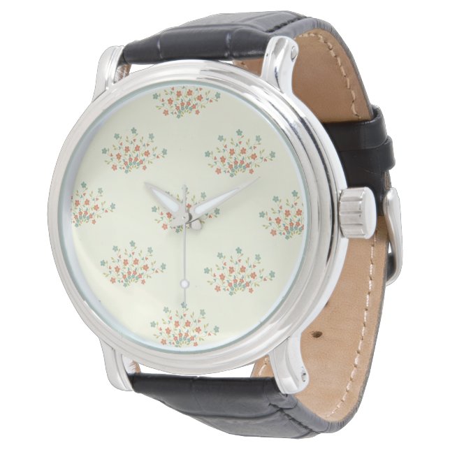 Blå blommor, röda blommor, blommönster armbandsur (Vinklad)