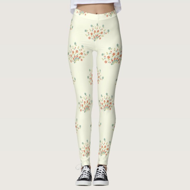 Blå blommor, röda blommor, blommönster leggings (Framsida)