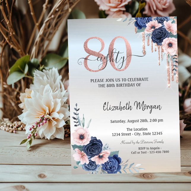 Blå Blommor Rose Gold Dropar Silver 80-årsdag Inbjudningar (Skapare uppladdad)