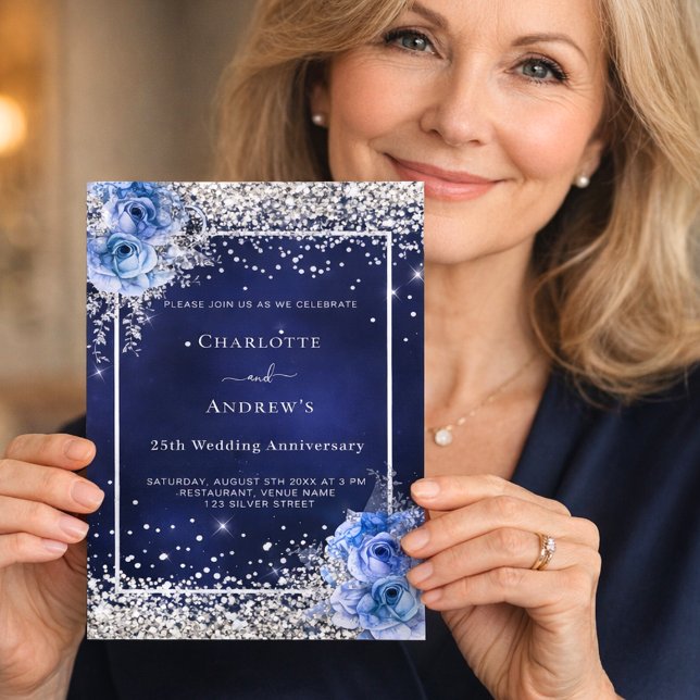 Blå blommor silver 25-års bröllopsinbjudan (Skapare uppladdad)