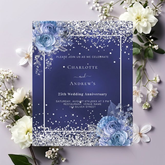 Blå blommor silver 25-års bröllopsinbjudan (Skapare uppladdad)