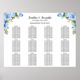 Blå blommor sittplatskarta bröllopsmottagningsskyl poster