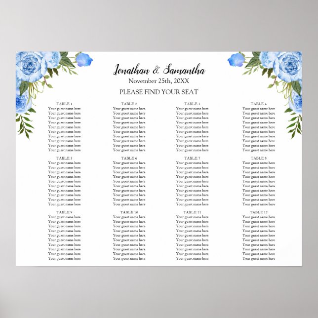 Blå blommor sittplatskarta bröllopsmottagningsskyl poster (Framsidan)