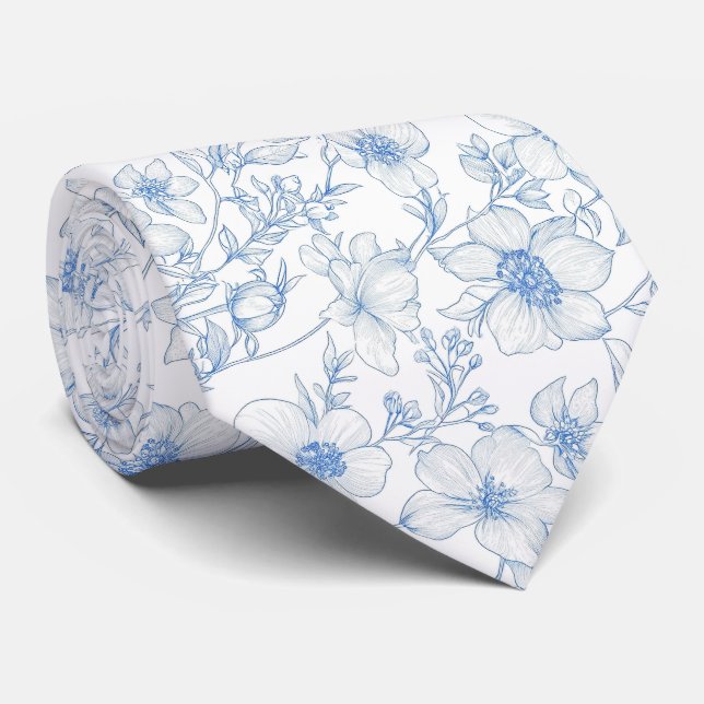 Blå blommor toile de jouy slips (Rullad)