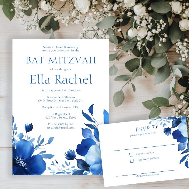 Blå blommor Vattenfärgsfärg BAT MITZVAH ANPASSNING Tilläggskort (Blue Blooms Watercolor BAT MITZVAH CUSTOM RSVP Enclosure Card
)