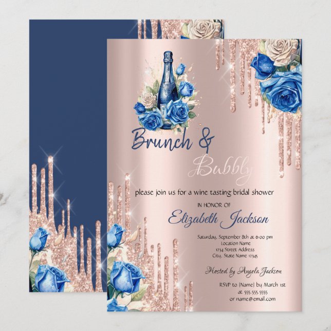 Blå Blommor Vin Dropar Brunch & Bubbly  Inbjudningar (Fram/baksida)