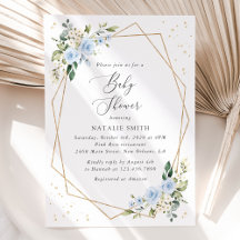 Blå blommor, vita blommor, grönska, baby shower