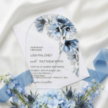 Blå Blommor Vita Klart Bröllopsinbjudan