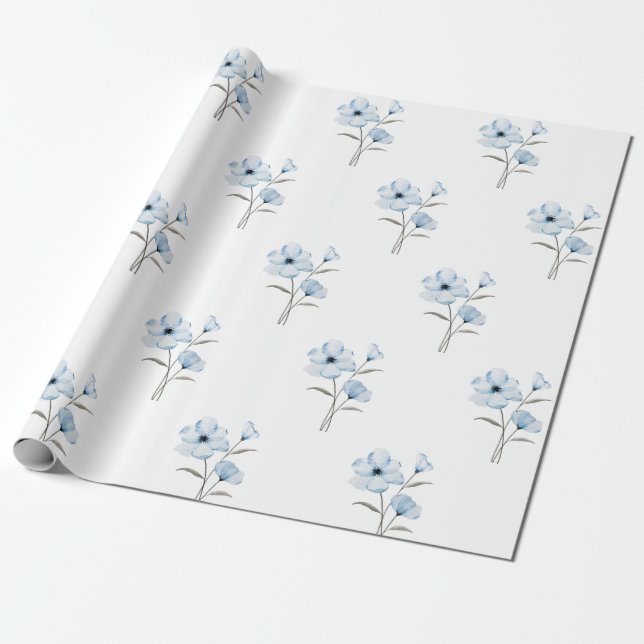 Blå blomomslagning papper presentpapper (Utrullad)