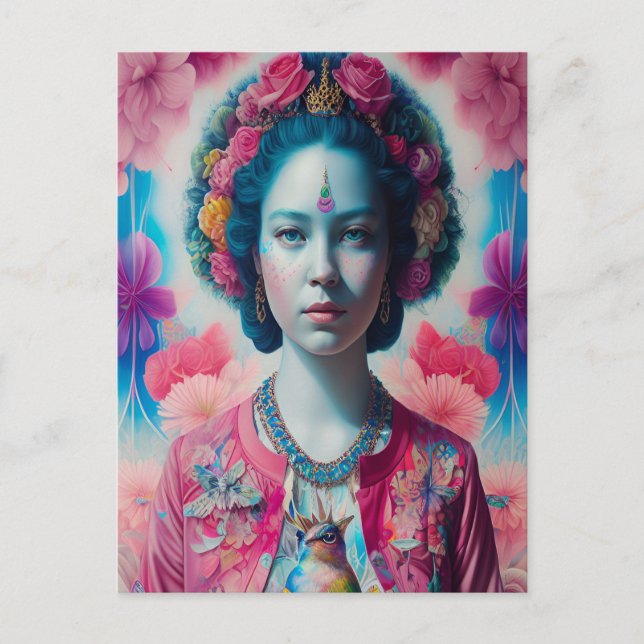 Blå blomprinsessa med rosa jacka vykort (Framsida)