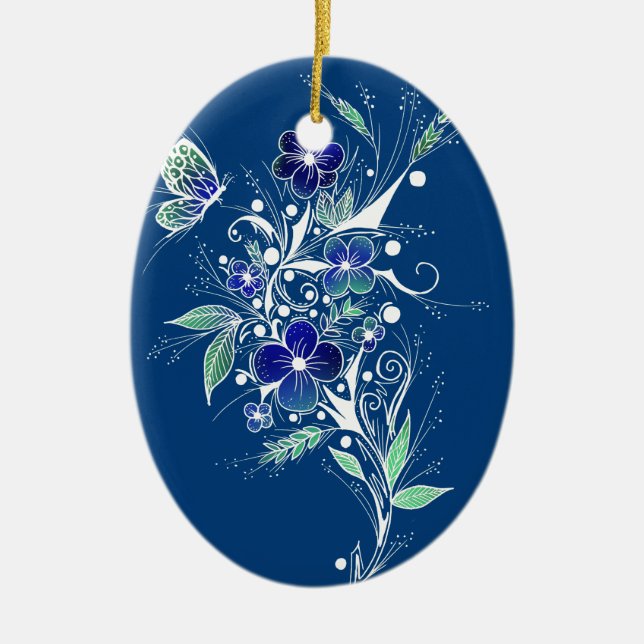 Blå Blomstätowering Julgransprydnad Keramik (Framsidan)