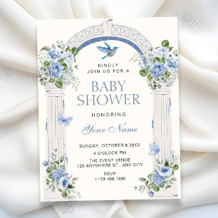 Blå blomsterbåge baby shower inbjudningar