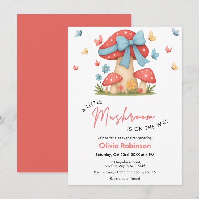 Blå blomsterbåge En liten svamp Baby Shower Inbjudningar (Fram/baksida)
