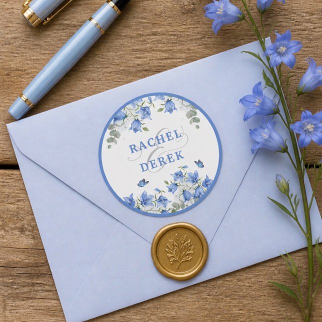Blå Blomsterbröllop Runt Klistermärke (Skapare uppladdad)