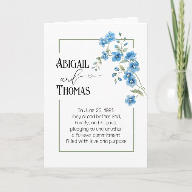 Blå blomsterbukett årsdag kort (Framsida)
