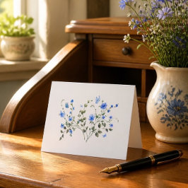 Blå blomsterbukett och fjäril akvarell anteckningskort