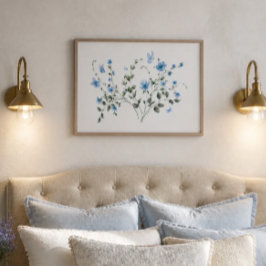 Blå blomsterbukett och fjäril akvarell poster