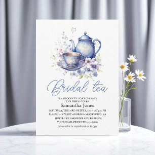 Blå blomstergin Chinoiserie Tekanna Bröllopsdusch Inbjudningar