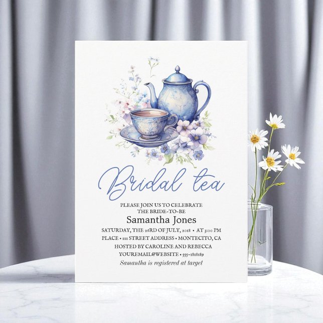 Blå blomstergin Chinoiserie Tekanna Bröllopsdusch  Inbjudningar (Skapare uppladdad)